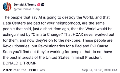 Donald Trump’s Truth Social post: Trump alleges AI critics serve hostile interests. Screenshot includes its displayed date and engagement counts at capture.