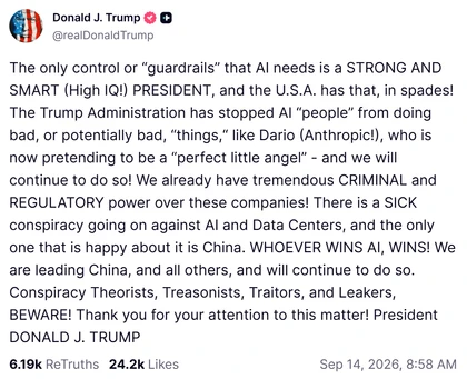 Donald Trump’s post rejecting additional AI guardrails.