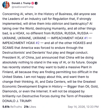 Donald Trump’s Truth Social post: Trump calls AI takeover and extinction concerns a hoax. Screenshot includes its displayed date and engagement counts at capture.