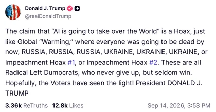 Donald Trump’s Truth Social post: Trump portrays AI warnings as a partisan hoax. Screenshot includes its displayed date and engagement counts at capture.