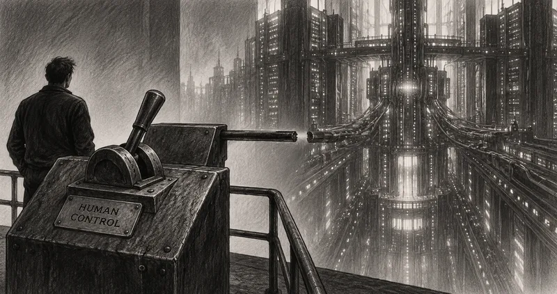 Illustration of a disconnected human control lever beside a vast automated complex.