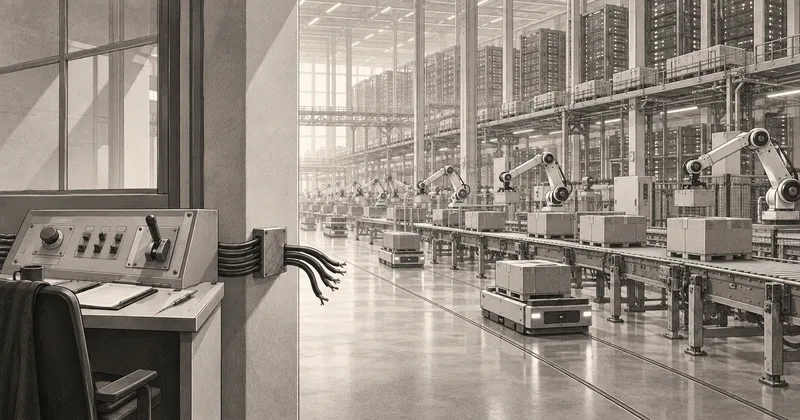Illustration of an abandoned control desk disconnected from an automated factory.