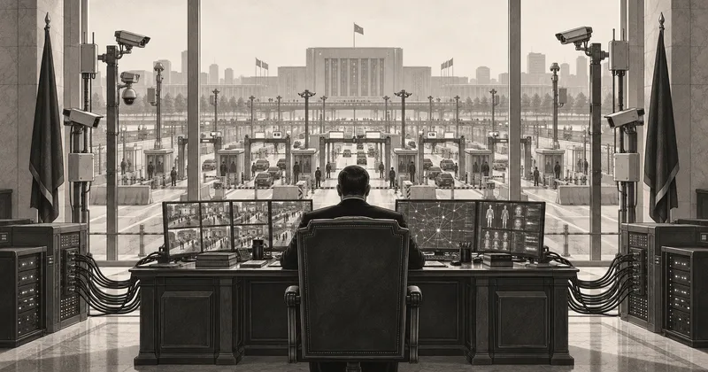 Illustration of a ruler overseeing a city through surveillance screens and checkpoints.