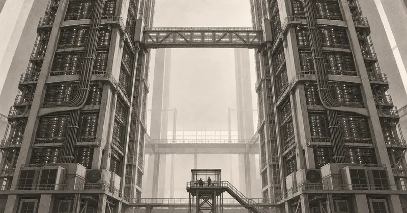 Illustration of two people dwarfed by enormous connected server towers.