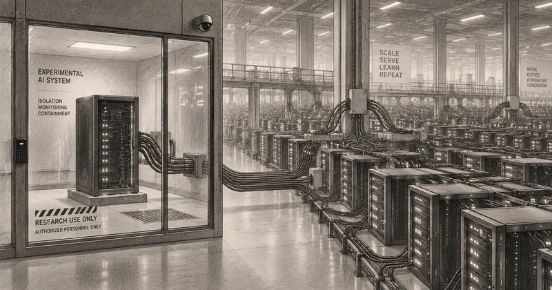 Illustration of an isolated experimental AI server connected to a sprawling server complex.