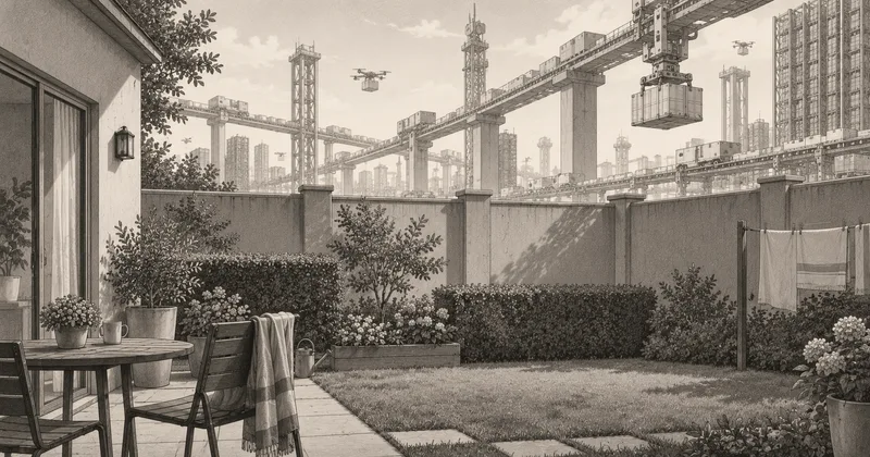 Illustration of a small residential garden enclosed by an automated industrial world.