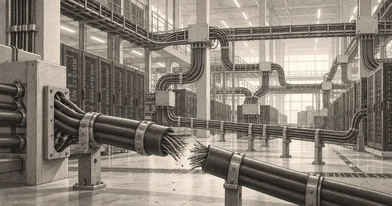 Illustration of severed cables surrounded by many alternative connections in a server network.