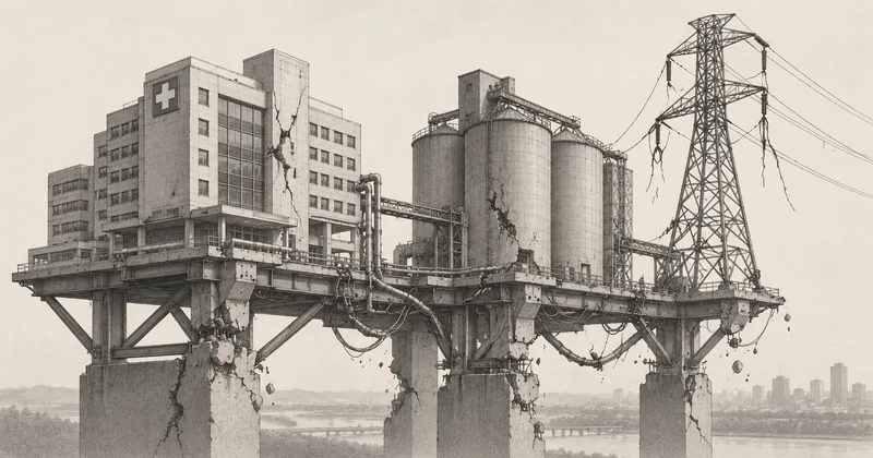Illustration of collapsing healthcare, food storage and electricity infrastructure on shared foundations.