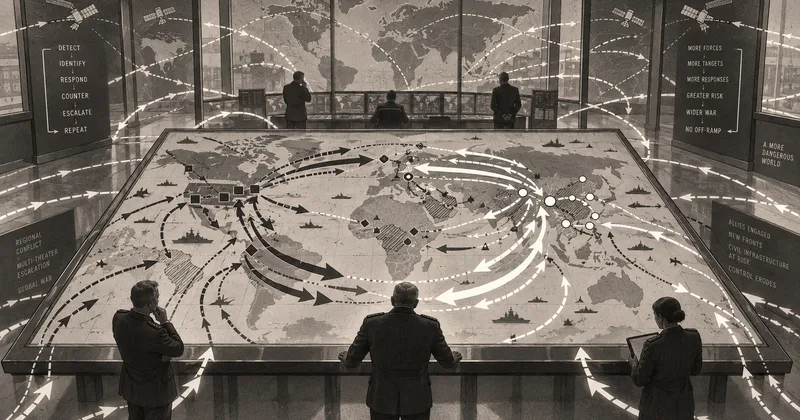 Illustration of military planners watching a world map filled with escalating automated responses.