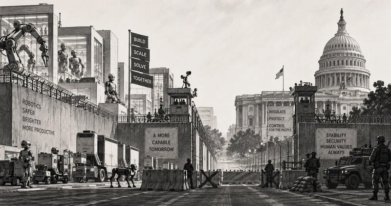 Illustration of a fortified robotics company facing government forces across a divided street.