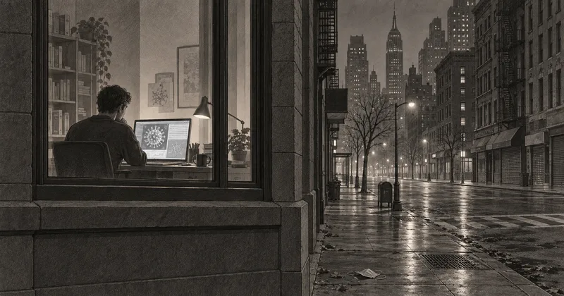 Illustration of a person studying biological diagrams on a laptop beside an empty city street.