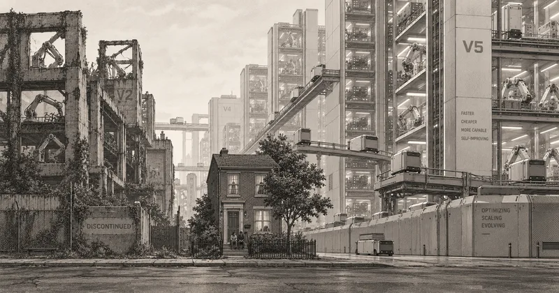 Illustration of a small human home surrounded by expanding automated factories and abandoned earlier machines.
