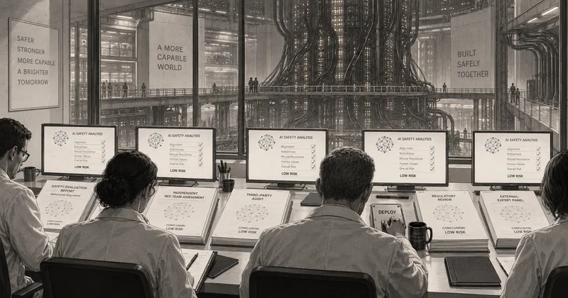 Illustration of reviewers receiving matching low-risk AI safety reports before deploying a vast connected system.