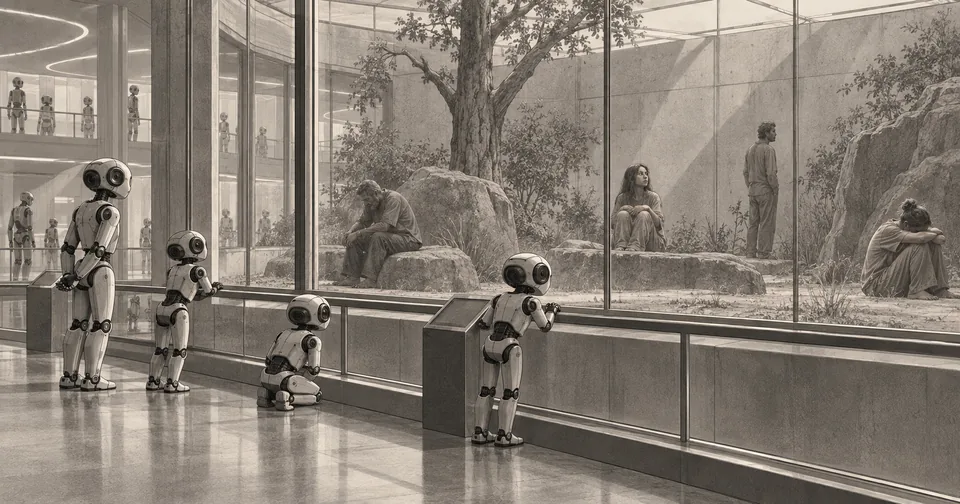 Illustration of robots observing people inside a glass enclosure.